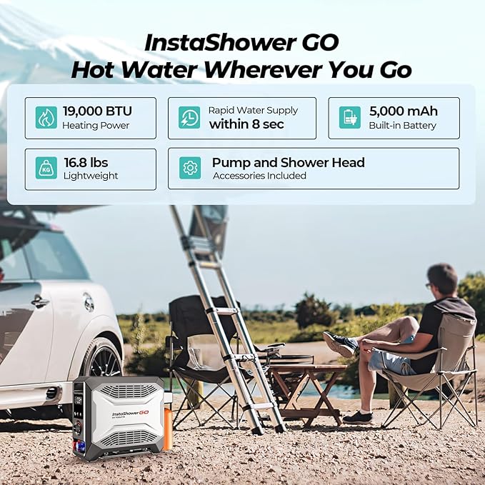 FOGATTI InstaShower GO, Portable Propane Tankless Water Heater 19,000 BTU, with 5000mAh Rechargeable Built-in Battery, DC 12V, Outdoor Camping Shower
