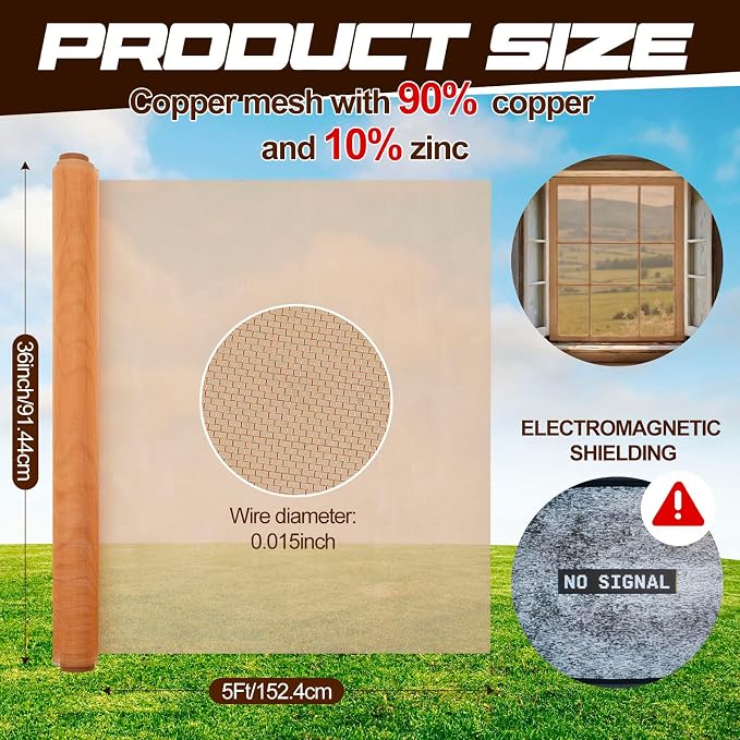 Lounsweer 36 Inch x 5 ft Copper Mesh Screen Roll, 90% Copper Insect Screen - Image 2