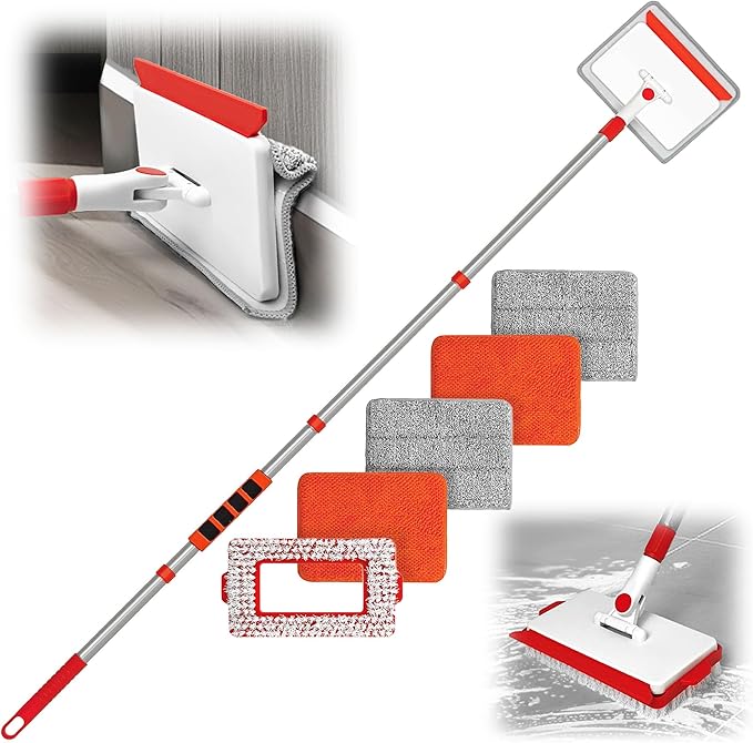 JEHONN Baseboard Cleaner Tool with Handle, 56 inches Base Boards Cleaning Mop Scrubber, 1 Stiff Bristles Brush, 2 Chenille and 2 Microfiber Pads, Wall Duster for Floorboard Ceiling Window Tile