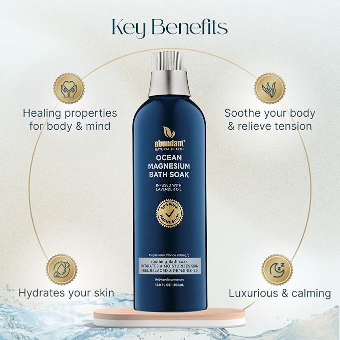 Abundant Natural Health Ocean Magnesium Bath Soak Infused with Lavender Oil to Hydrate, Soothe and Moisturize Skin, Relax and Replenish Muscles, Highly Concentrated Pure Magnesium Salts, 500mL