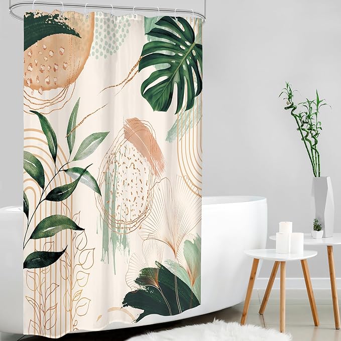 Boho Shower Curtain 48Wx72H Small Stall Narrow Abstract Mid Century Tropical Green Leaves Plant Palm Modern Geometric Arch Bathroom Decor Botanical Bath Curtain Fabric Polyester 8 Pack Hooks