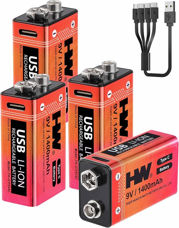HW 9 Volt Batteries 4 Pack, 1400mAh Rechargeable Lithium Battery 9V by HW