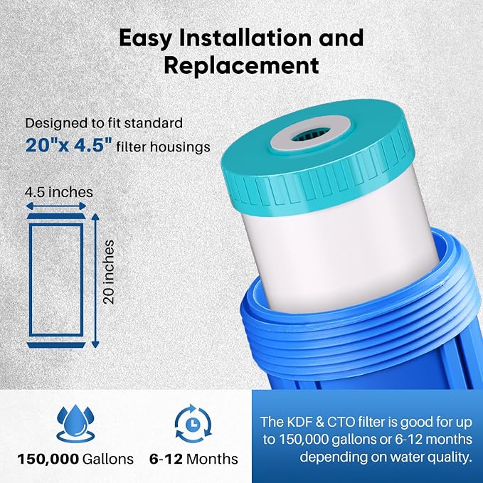 PUREPLUS 5 Micron 20" x 4.5" Whole House KDF/GAC Water Filter, Heavy Metal - Image 6