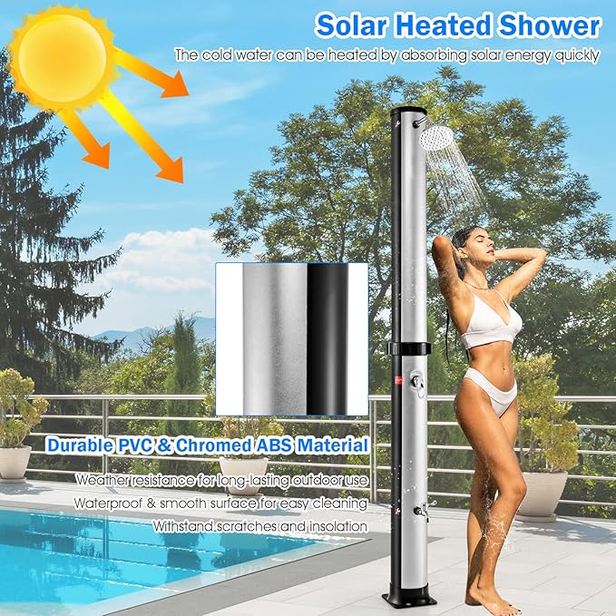 Giantex 7.2 FT 10 Gallon 2-Section Solar-Heated Outdoor Shower, Pool Shower W/Free-Rotating Shower Head, Foot Tap Spigot, Faucet, Temperature and Pressure Adjustment for Backyard, Garden, Beach Spa