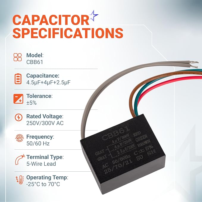 CBB61 4uf+4uf+2.5uf 5-Wire 250V/300V AC Ceiling Fan Capacitor by BlueStars - Image 2