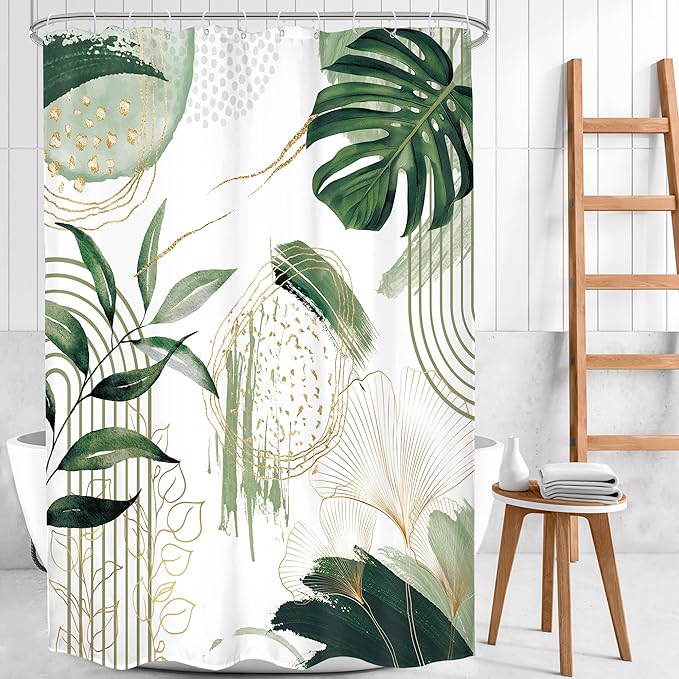 Sage Green Boho Shower Curtain 54Wx78H Small Stall Modern Abstract Mid Century Bohemian Tropical Palm Leaves Geometric Plant Bathroom Decor Botanical Bath Curtain Fabric Polyester 12 Pack Hooks
