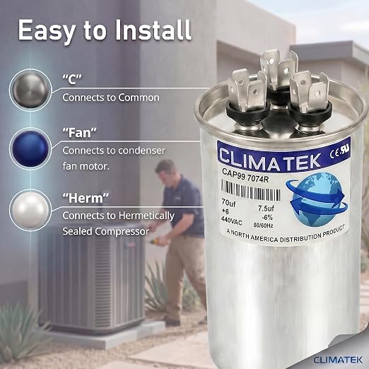 ClimaTek 70 + 7.5 MFD 370/440 Volt Dual Run Round Capacitor CAP99-7074R | - Image 3