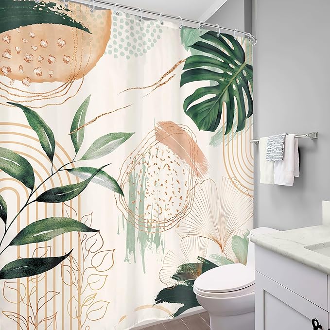 Boho Shower Curtain 72Wx78H Modern Abstract Tropical Green Leaves Plant Palm Bohemian Mid Century Botanical Geometric Arch Bathroom Decor Minimalist Bath Curtain Fabric Polyester 12 Pack Hooks