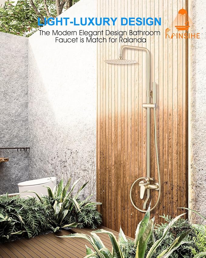 Outdoor Shower Kit Gold, Exposed Shower System with Tub Spout and 10'' Rainfall Shower Head, 3 Functions Handle Shower Faucet Sets with Dial Thermometer Brass Valve, Brushed Gold Finsh
