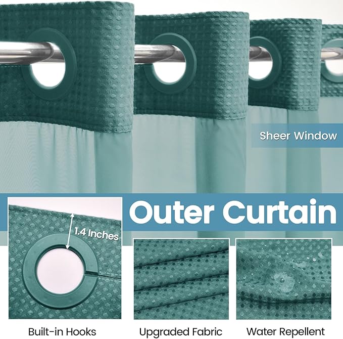 Seaweed Green No Hook Shower Curtain with Snap in Liner,230GSM Waffle Weave Shower Curtains for Bathroom,71W x 74H
