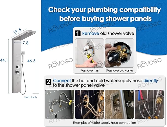ROVOGO LED Shower Panel Tower System, 5-Function Shower Column with Rainfall Waterfall Shower Head, 4 Body Jets, Handheld and Tub Spout, Stainless Steel Brushed