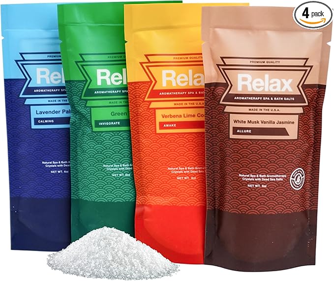Relax Spa & Bath, Epsom & Dead Sea Salts, Aromatherapy Bath Salts for Hot Tub, Bath, or Spa, Infused with Magnesium, Spa Gifts for Women, 4 Pack, Relax Escape Collection, 4 oz Each