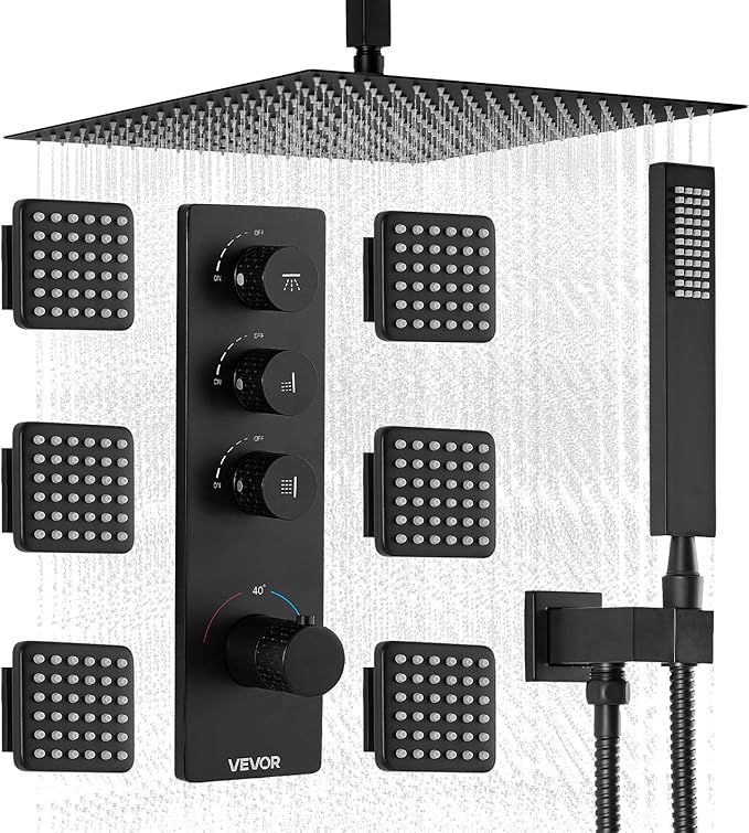 VEVOR Shower Faucet Set, 16 Inch Thermostatic Ceiling Mount Rainfall Shower System with 6 Body Jets and Handheld Spray, Rotatable 3-Function Rain Head Complete Brass Valve and Trim Kit, Matte Black