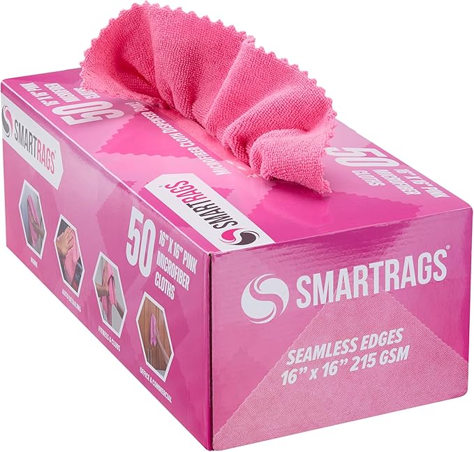 Arkwright Smart Rags in Box - (Pack of 50) Lint Free, Large Microfiber Cleaning Cloth, Scratch & Streak-Free, Dispensable Wash Towels for Cars, Kitchen, and Window Glass, Pink