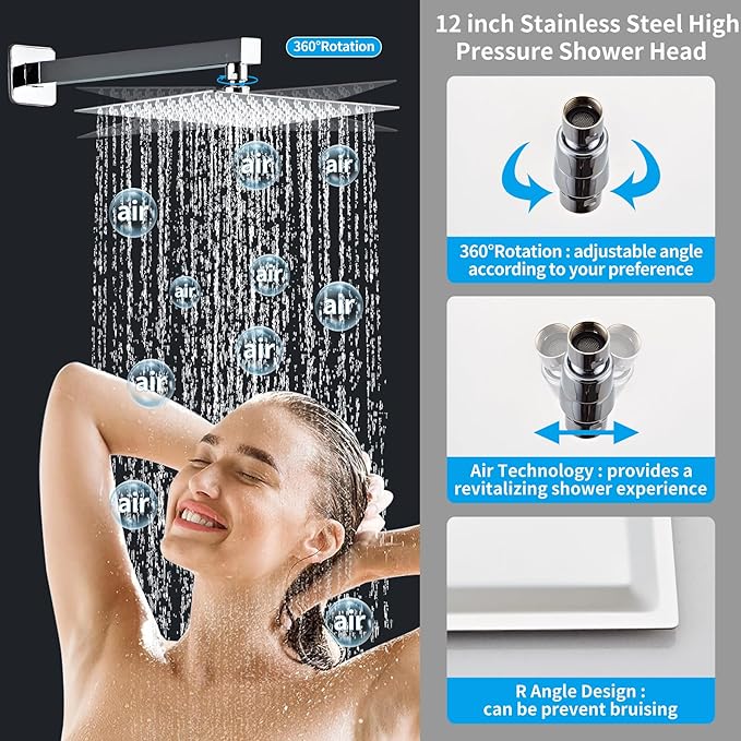 12 Inch Polished Chrome Shower Faucet Set with Rain Shower Head and Handheld Spray, Wall Mounted Rainfall Shower Head with Handheld Combo, Bathroom luxury Shower System with Valve and Trim