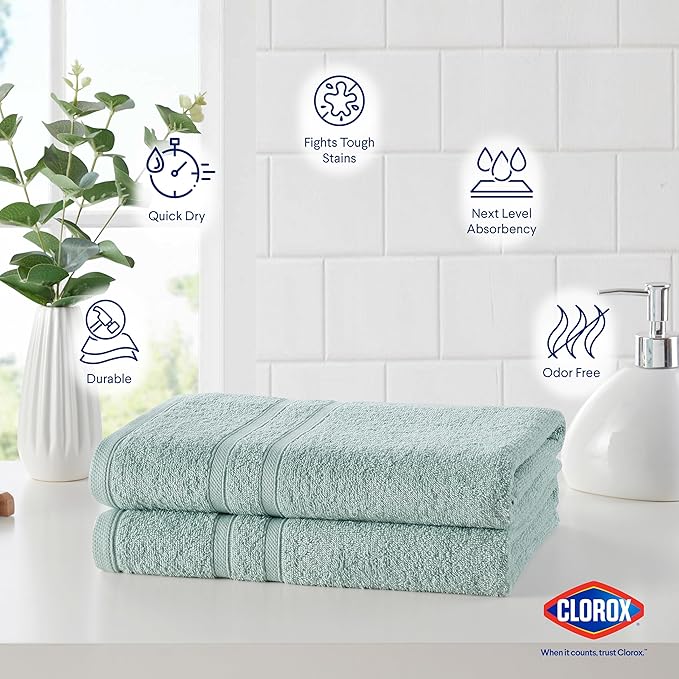 CLOROX Bleach Friendly Towels, Quick Dry, 100% Cotton Bath Towels (30" x 52"), Highly Absorbent Soft Lightweight, Ideal for Everyday Use, Easy to Wash (2 Pack, Mineral Blue)