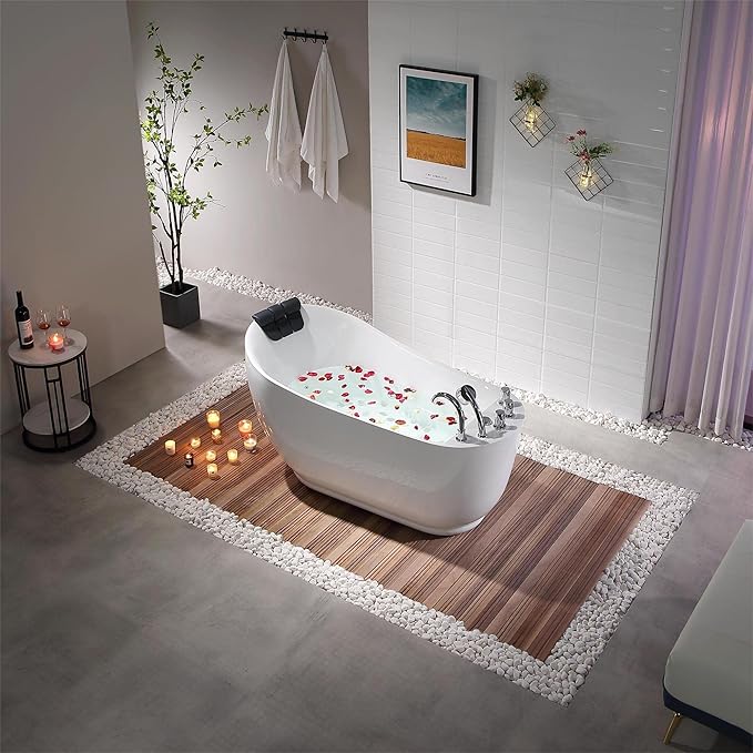 Empava 67 inch Acrylic Freestanding Whirlpool Bathtub with Hydromassage Gracefully Oval Shaped Adjustable Water Jets Soaking SPA, Single-Ended Massage Bathtubs with Black Pillow, ETL Certified, White