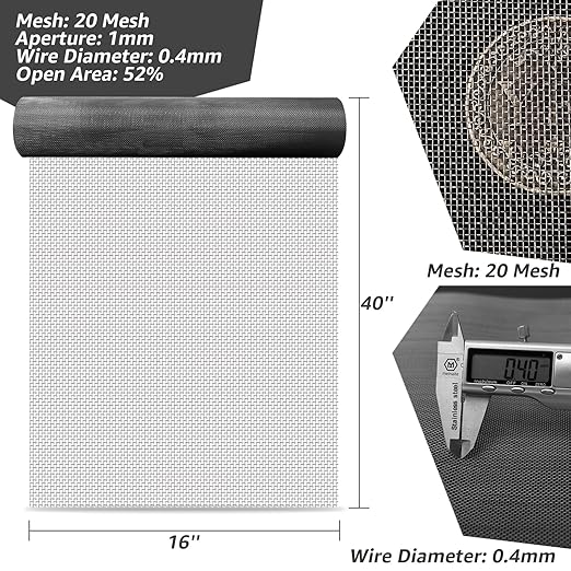 16x40 Inch Wire Mesh Roll, 20 Mesh Stainless Steel Mesh, Never Rust Sturdy - Image 2