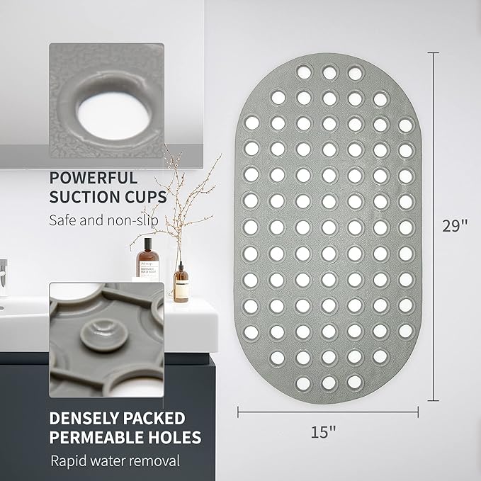 Shower Mat Non Slip Grey Bathtub Mat Non Slip 29 x 15 Inch Oval Bath Mat for Tub Bathroom Elderly Kids
