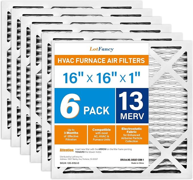 LotFancy 16x16x1 Air Filter MERV 13 6-Pack, Electrostatic Pleated HVAC Furnace by LotFancy
