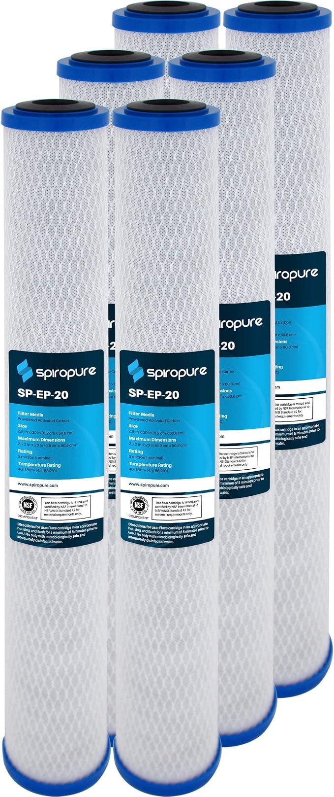 SpiroPure 20x2.5 5 Micron Carbon Block Water Filter EP-20 CB-25-2005 6 Pack by SpiroPure