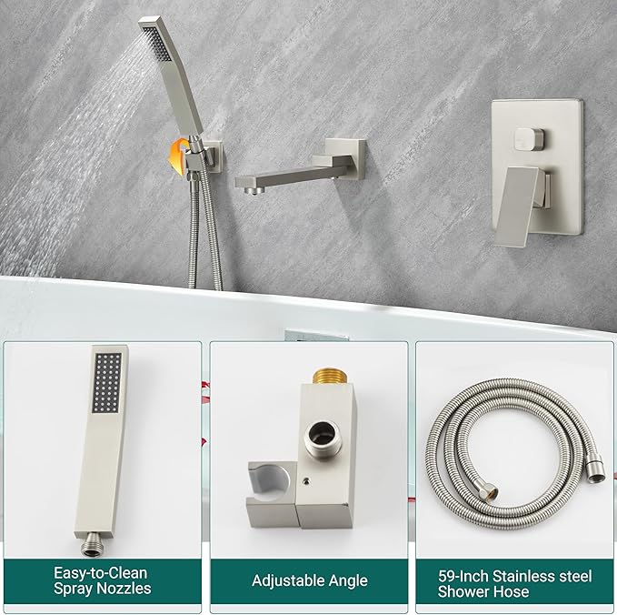 DASAN Swiveling Wall Mount Tub Filler Faucet Set with Hand Held Shower, Brushed Nickel Modern Creative Bathtub Faucet Wall Mounted Bath Tub Faucet with High Flow Rough in Valve, SA-TF05WH-BN