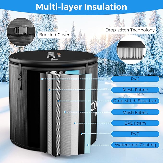 COSTWAY L 79 Gal Oval Ice Bath Tub with Cover, Portable Outdoor Inflatable Cold Plunge Tub with Backpack, Pump, for Cold Therapy, Compatible with Water Chillers, Black