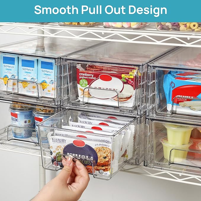 Vtopmart 6 Pack Stackable Storage Drawers,Clear Acrylic Drawer Organizers with Handles, Easily Assemble Containers for Fridge, Bathroom,Kitchen Undersink,Cabinet,Pantry Organization and Storage