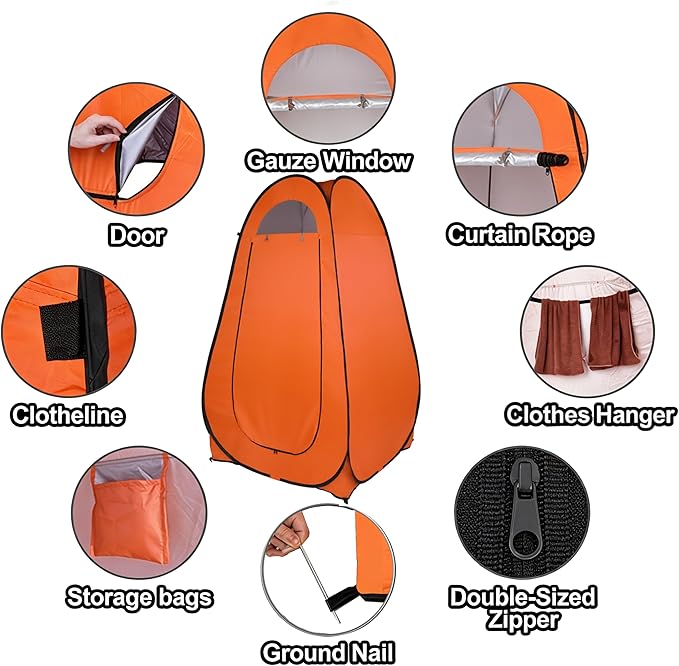 4x4ft Pop Up Privacy Shower Tent with Top Window, 3.6lbs Liightweight Dressing Room, Portable Toilet Stall with Carry Bag for Camping, Beach, Outdoors (Orange)