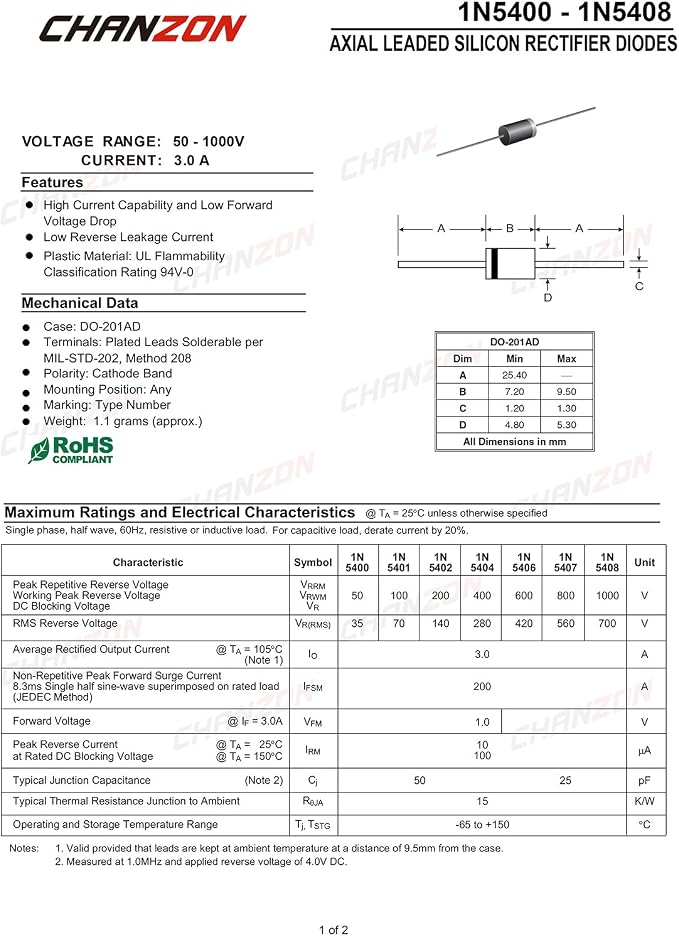 Chanzon 1N5406 Rectifier Diode 3A 600V DO-201AD Axial 5406 IN5406 3 Amp 600 - Image 2