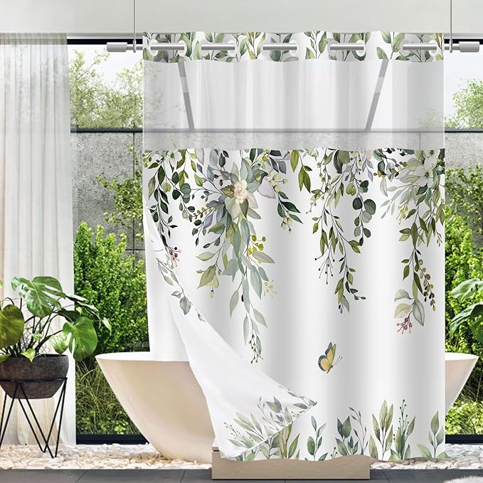 No Hook Shower Curtain and Liner Set, Sage Green Eucalyptus Floral Shower Curtains for Bathroom, Bath Curtain Sets with Snap in Liner, Waterproof with See Through Top Window, 71x84 Inches