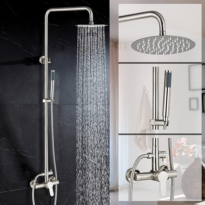 Rain Shower System Outdoor Shower Fixtures with 8" Rain Shower Head Handheld Sprayer Single Handle Wall Mounted Bathroom Shower Faucet Set Brushed Nickel for Bathroom or Backyard