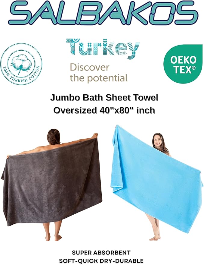 SALBAKOS 100% Turkish Cotton Jumbo Bath Sheet Towel Oversized 40x80 inch | Premium Hotel & Spa Quality, Soft, Absorbent, XL Bath Towels | Made in Turkey (Pack of 1, Ivory, Jumbo Bath Sheet)
