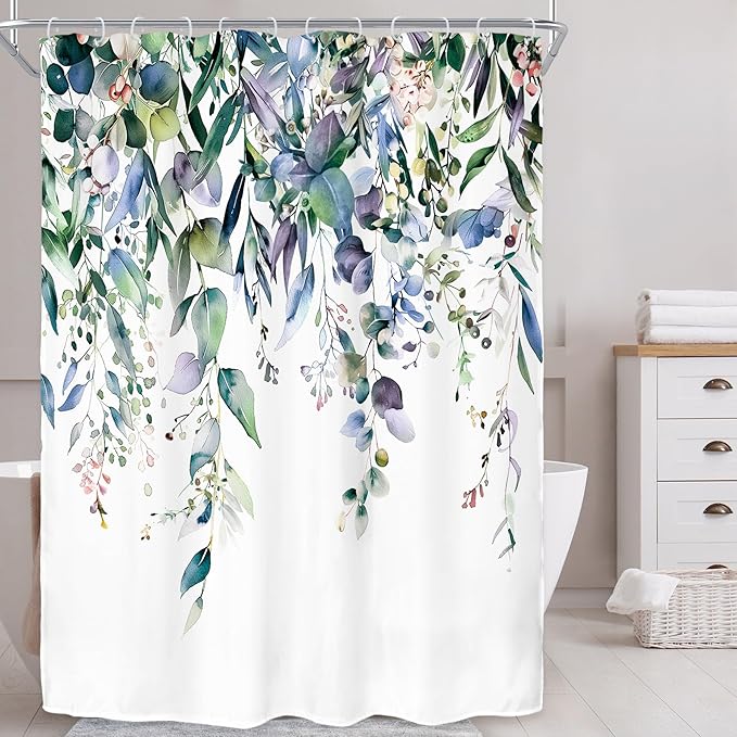 Riyidecor Extra Long Navy Eucalyptus Shower Curtain for Bathroom Decor 54Wx78H Eucalyptus Plants Leaves Botanical Leaf Floral Art Printed Fabric Polyester Waterproof 12 Pack Plastic