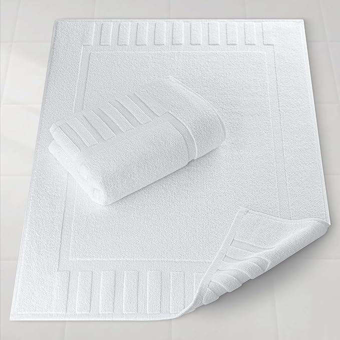 White Classic Luxury Bath Mat Floor Towel Set - Absorbent Cotton Hotel Spa Shower/Bathtub Mats [Not a Bathroom Rug] 22"x34" | 2 Pack | White