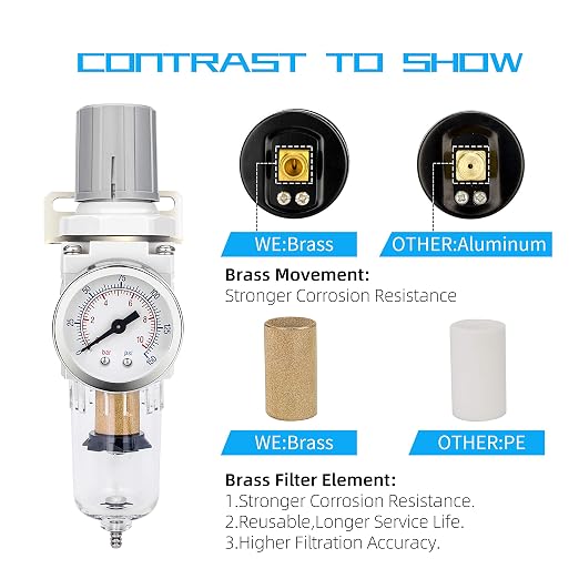 NANPU 1/4" NPT Compressed Air Filter Regulator Combo Piggyback, 5 Micron Brass - Image 5