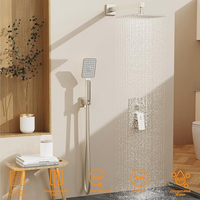 Shower System 10IN Modern Rain Brass Faucet Set With Valve and Diverter Shower Mixer With Handheld High Pressure Square Rainfall Shower Valve (10'' Wall Mount, Brushed Nickel)