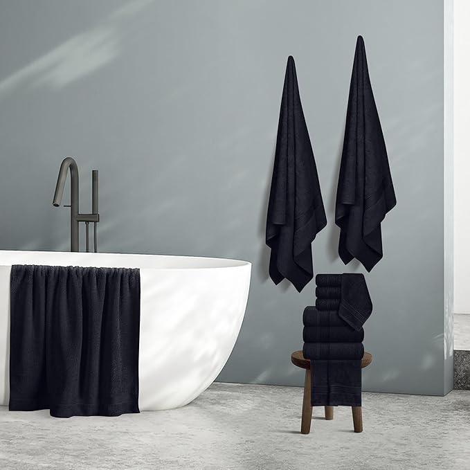 Belizzi Home 100% Cotton Towel Set, Contains 6 Soft Bath Towel, 6 Hand Towels, 12 Wash Cloths - Compact Absorbent Lightweight & Quickdry Towels for Bathroom - 24 Piece Bathroom Towel Set - Black