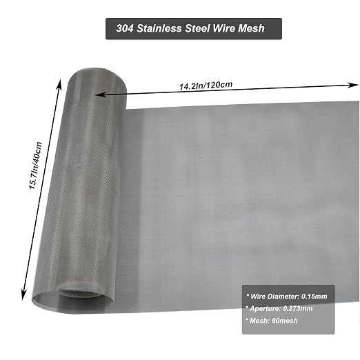 304 Stainless Steel Mesh 60Mesh, 15.7"x47.2" Metal Mesh Screen, Woven Fine Wire - Image 2