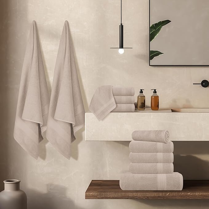 GLAMBURG Ultra Soft 24-Piece Towel Set - 100% Pure Ringspun Cotton, Contains 8 Oversized Bath Towels 27x54, 8 Hand Towels 16x28, 8 Wash Cloths 13x13 - Ideal for Everyday use, Hotel & Spa - Tan