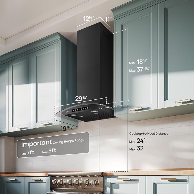 Black 30 inch Wall Mounted Range Hood Glass 900 CFM, Stainless Steel Kitchen - Image 9
