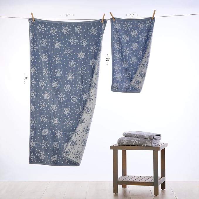 SKL Home Christmas/Winter Scattered Snowflakes 100% Cotton Premium 2-Piece Hand Towel Set, 450 GSM, Reversible Jacquard, Soft & Absorbent, Decorative for Bath/Kitchen/Bar, Blue/White