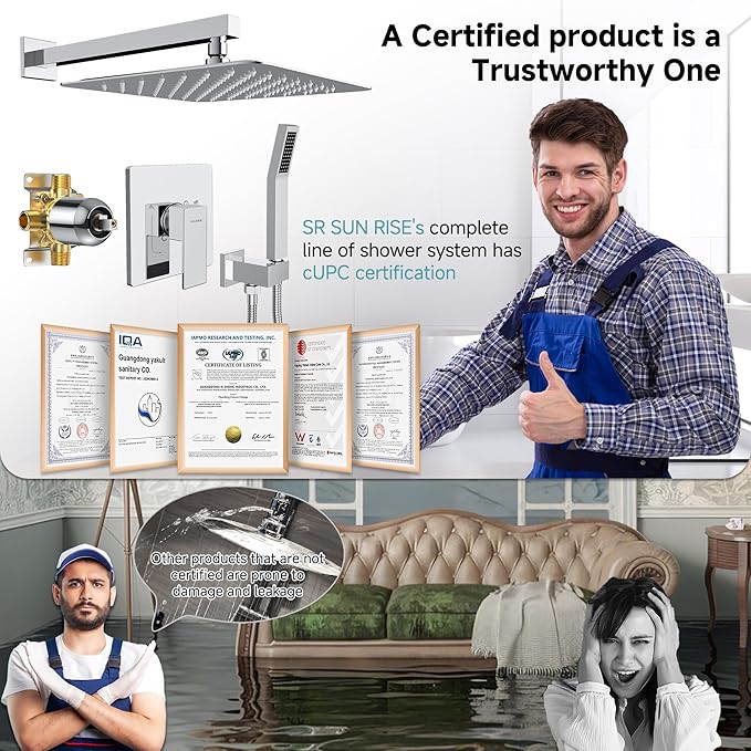 SR SUN RISE Shower Faucet Set & System - 12 Inch Rainfall Shower Head & Handle Set Wall Mounted Polished Chrome Solid Brass Valve Trim Kit Included