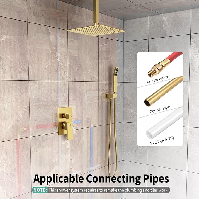 SR SUN RISE 12 Inch Ceiling Mounted Shower System Rain Mixer Shower Combo Set Rainfall Shower Head System Brushed Gold Shower Faucet Trim Repair Kits with Shower Rough-in Valve Body and Trim