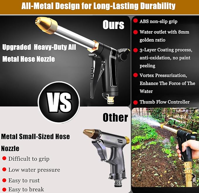 Garden Hose Nozzle, Upgraded Heavy Duty Metal Hose Sprayer Nozzle with Thumb Control, High Pressure Water Nozzle With 3/4" Quick Connect for Watering Plants and Lawn, Washing Cars and Showering Pets