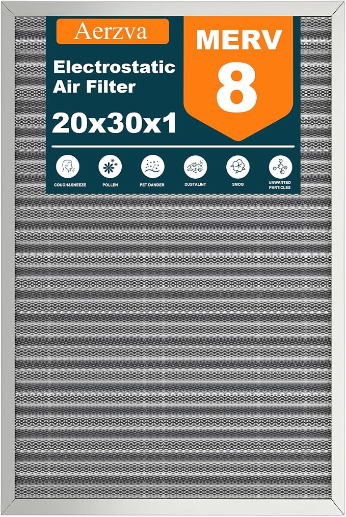 20x30x1 Reusable Air Filter, MERV 8, Permanent Electrostatic Air Filter by Aerzva
