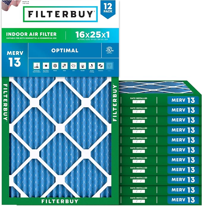 Filterbuy 16x25x1 Air Filter MERV 13 Optimal Smoke & Allergy Defense, by Filterbuy