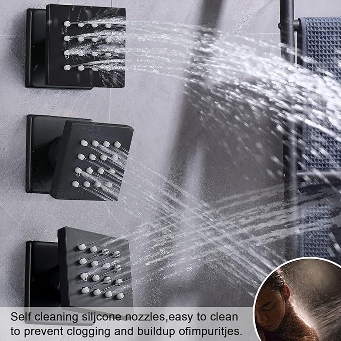 Thermostatic Shower System Matte Black Shower Faucet Set with Tub Spout, 6 PCS Body Jet and Handheld Spray, 12 inch Ceiling Mount Shower Head