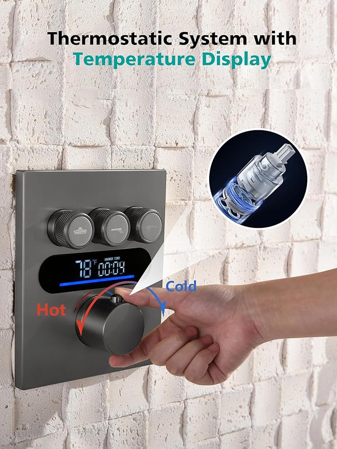Lefton Shower System in Fahrenheit Display (Battery-free), 10” Overhead Shower Head with All-in-one Handheld Spray Showerhead and Bathtub Faucet, 4-in-1 Control System, SSWM2502 (Grey)