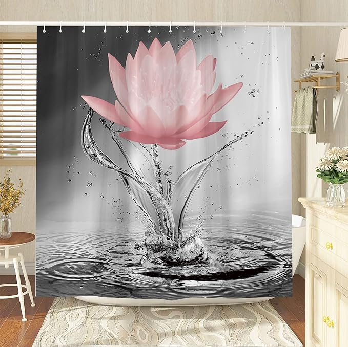 Lotus Shower Curtain Black White Grey Red Flower Elegant Blooming Floral with Dew Spring Flower Reflection on Water Modern Romantic Polyester Fabric Bathroom Decor 36×70 Inch with Hook